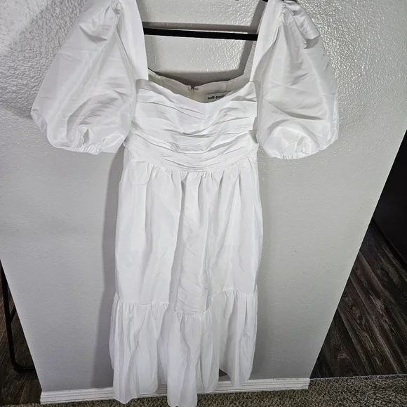 NWT Self Portrait White Taffeta Puff Sleeve Midi Dress Size 4